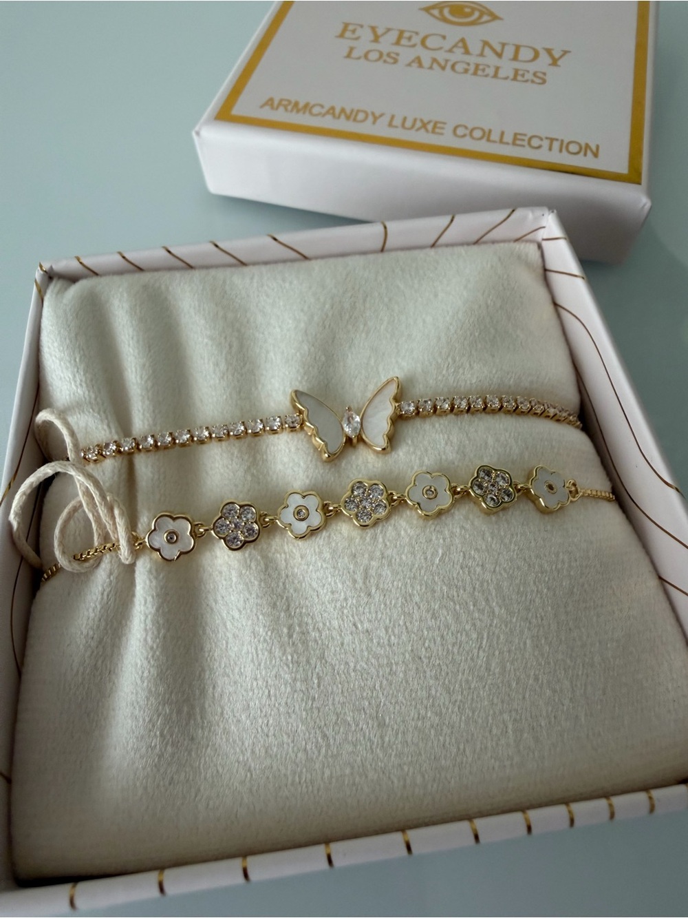 Gold Butterfly Flower pave Bracelet Set